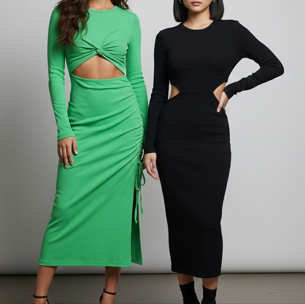 Green and Black Cutout Midi Dresses Bundle Of 2 Bodycon Dresses